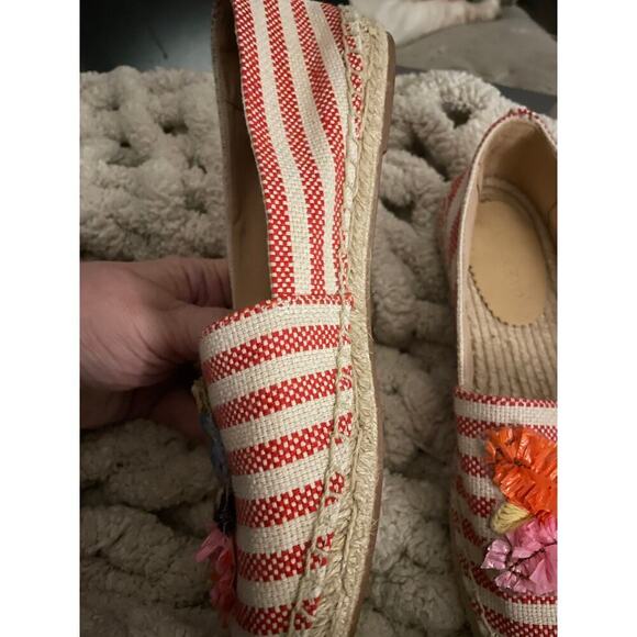 J.Crew Red Stripe Espadrilles Raffia Parrot Palm Tree Flats Vacation Cruise 8,5 - Picture 5 of 9